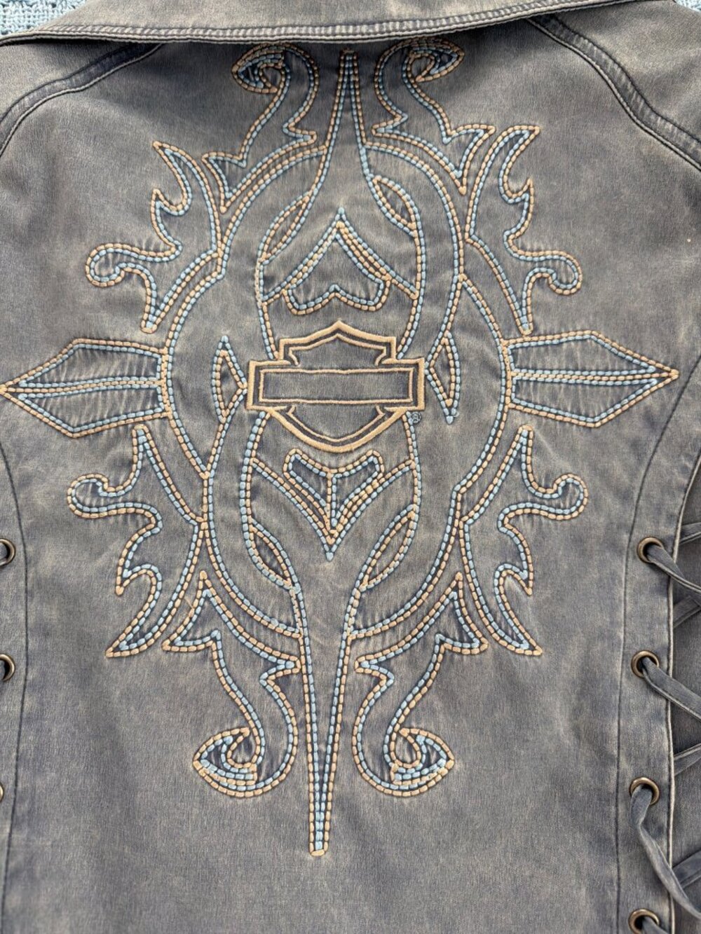 Harley Davidson Embroidered Gray Blue Denim Jacket Riding Tie Up Zippers XS NWOT - Picture 6 of 8